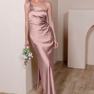 Revelry Jade Satin One Shoulder Bridesmaid Dress in Rose Quartz